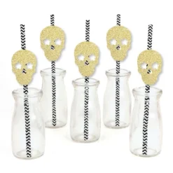 Big Dot Of Happiness Gold Glitter Sugar Skull Party Straws - No-Mess Real Glitter Cut-Outs & Decorative Day Of The Dead Party Paper Straws - Set Of 24