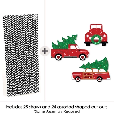 Big Dot Of Happiness Merry Little Christmas Tree - Paper Straw Decor - Red Truck And Car Christmas Party Striped Decorative Straws - Set Of 24 1 Big Dot Of Happiness Merry Little Christmas Tree - Paper Straw Decor - Red Truck And Car Christmas Party Striped Decorative Straws - Set Of 24