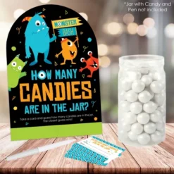 Big Dot Of Happiness Monster Bash - How Many Candies Little Monster Birthday Party Or Baby Shower Game - 1 Stand And 40 Cards - Candy Guessing Game