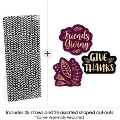 Big Dot Of Happiness Elegant Thankful For Friends - Paper Straw Decor - Friendsgiving Thanksgiving Party Striped Decorative Straws - Set Of 24