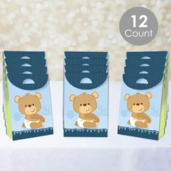 Big Dot Of Happiness Baby Boy Teddy Bear - Baby Shower Gift Favor Bags - Party Goodie Boxes - Set Of 12