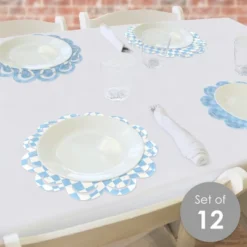 Big Dot Of Happiness Blue Checkered Party - Round Table Decorations - Paper Chargers - Place Setting For 12