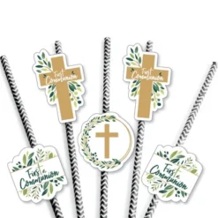 Big Dot Of Happiness First Communion Elegant Cross - Paper Straw Decor - Religious Party Striped Decorative Straws - Set Of 24 -Aurora Party Sales GUEST 209de140 961e 456e 843b 86389b91ba76