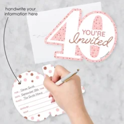 Big Dot Of Happiness 40th Pink Rose Gold Birthday - Shaped Fill-In Invitations - Happy Birthday Party Invitation Cards With Envelopes - Set Of 12