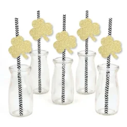 Big Dot Of Happiness Gold Glitter Shamrocks Party Straws - No-Mess Real Glitter Cut-Outs & Decorative St. Patrick's Day Party Paper Straws - Set Of 24