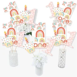 Big Dot Of Happiness 1st Birthday Hello Rainbow - Boho First Birthday Party Centerpiece Sticks - Table Toppers - Set Of 15