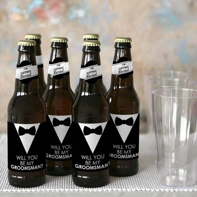Big Dot Of Happiness Suit Up - Will You Be My Groomsman Decorations For Men - 6 Beer Bottle Label Stickers And 1 Carrier 3 Big Dot Of Happiness Suit Up - Will You Be My Groomsman Decorations For Men - 6 Beer Bottle Label Stickers And 1 Carrier - Image 3