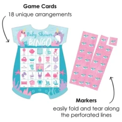 Big Dot Of Happiness Narwhal Girl - Picture Bingo Cards And Markers - Under The Sea Baby Shower Shaped Bingo Game - Set Of 18