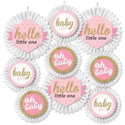 Big Dot Of Happiness Hello Little One - Pink And Gold - Hanging Girl Baby Shower Tissue Decoration Kit - Paper Fans - Set Of 9