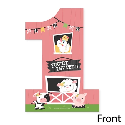 Big Dot Of Happiness 1st Birthday Girl Farm Animals - Shaped Fill-In - Pink Barnyard First Birthday Party Invitation Cards With Envelopes - Set Of 12 2 Big Dot Of Happiness 1st Birthday Girl Farm Animals - Shaped Fill-In - Pink Barnyard First Birthday Party Invitation Cards With Envelopes - Set Of 12 - Image 2
