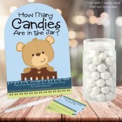 Big Dot Of Happiness Baby Boy Teddy Bear - How Many Candies Baby Shower Game - 1 Stand And 40 Cards - Candy Guessing Game