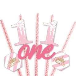 Big Dot Of Happiness 1st Birthday Little Princess Crown - Paper Straw Decor - Pink And Gold First Birthday Party Striped Decorative Straws - Set Of 24 -Aurora Party Sales GUEST 5646ed56 2ee5 4b34 a3fa b971434b2e98