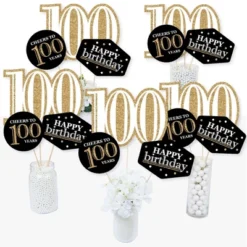 Big Dot Of Happiness Adult 100th Birthday - Gold - Birthday Party Centerpiece Sticks - Table Toppers - Set Of 15