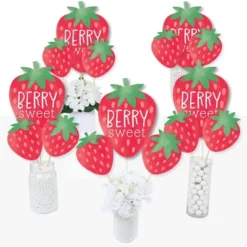 Big Dot Of Happiness Berry Sweet Strawberry - Fruit Themed Birthday Party Or Baby Shower Centerpiece Sticks - Table Toppers - Set Of 15