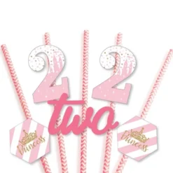 Big Dot Of Happiness 2nd Birthday Little Princess Crown - Paper Straw Decor - Pink & Gold Second Birthday Party Striped Decorative Straws - Set Of 24 -Aurora Party Sales GUEST 658da637 fbdb 47f4 921c cdb57d0f57e7