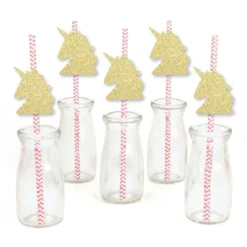Big Dot Of Happiness Gold Glitter Unicorn Party Straws - No-Mess Real Gold Glitter Cut-Outs & Baby Shower Or Birthday Party Paper Straws - Set Of 24