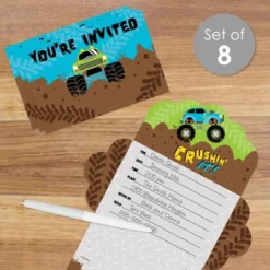 Big Dot Of Happiness Smash And Crash - Monster Truck - Fill-In Cards - Boy Birthday Party Fold And Send Invitations - Set Of 8