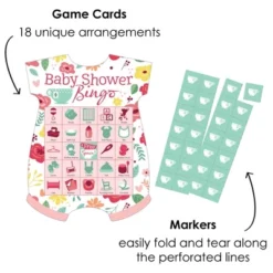 Big Dot Of Happiness Floral Let's Par-Tea - Picture Bingo Cards And Markers - Garden Tea Party Baby Shower Shaped Bingo Game - Set Of 18