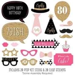 Big Dot Of Happiness Chic 80th Birthday - Pink, Black And Gold - Birthday Party Photo Booth Props Kit - 20 Count