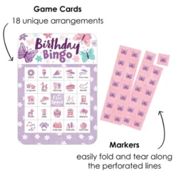 Big Dot Of Happiness Beautiful Butterfly - Picture Bingo Cards And Markers - Floral Birthday Party Shaped Bingo Game - Set Of 18
