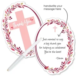 Big Dot Of Happiness Pink Elegant Cross - Shaped Thank You Cards - Girl Religious Party Thank You Note Cards With Envelopes - Set Of 12