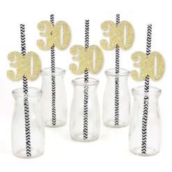 Big Dot Of Happiness Gold Glitter 30 Party Straws - No-Mess Real Gold Glitter Cut-Out Numbers & Decorative 30th Birthday Party Paper Straws - 24 Ct
