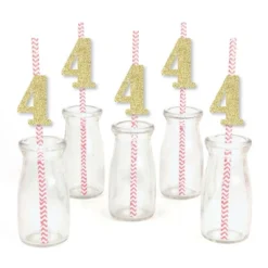 Big Dot Of Happiness Gold Glitter 4 Party Straws - No-Mess Real Gold Glitter Cut-Out Numbers & Decorative 4th Birthday Party Paper Straws - Set Of 24