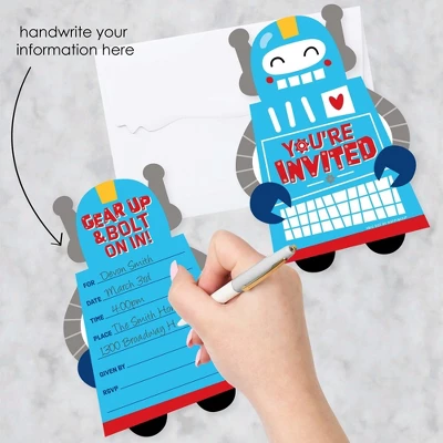 Big Dot Of Happiness Gear Up Robots - Shaped Fill-In Invitations - Birthday Party Or Baby Shower Invitation Cards With Envelopes - Set Of 12 1 Big Dot Of Happiness Gear Up Robots - Shaped Fill-In Invitations - Birthday Party Or Baby Shower Invitation Cards With Envelopes - Set Of 12