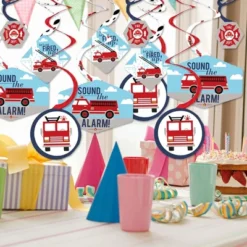Big Dot Of Happiness Fired Up Fire Truck - Firefighter Firetruck Baby Shower Or Birthday Party Hanging Decor - Party Decoration Swirls - Set Of 40