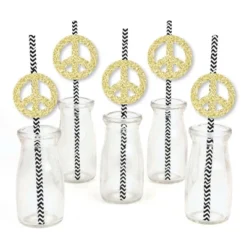 Big Dot Of Happiness Gold Glitter Peace Sign Party Straws - No-Mess Real Gold Glitter Cut-Outs & Decorative 60's Hippie Party Paper Straws - Set Of 24
