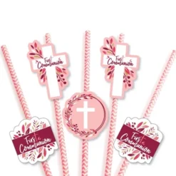 Big Dot Of Happiness First Communion Pink Elegant Cross - Paper Straw Decor - Girl Religious Party Striped Decorative Straws - Set Of 24 -Aurora Party Sales GUEST a1058901 9c67 4bf7 9556 bb8d36f00521
