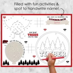 Big Dot Of Happiness Lumberjack - Channel The Flannel - Paper Buffalo Plaid Birthday Party Coloring Sheets - Activity Placemats - Set Of 16