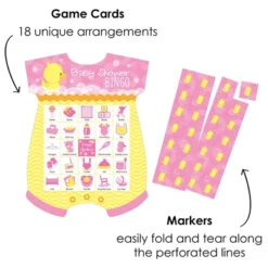 Big Dot Of Happiness Pink Ducky Duck - Picture Bingo Cards And Markers - Baby Shower Shaped Bingo Game - Set Of 18