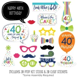 Big Dot Of Happiness 40th Birthday - Cheerful Happy Birthday - Colorful Fortieth Birthday Party Photo Booth Props Kit - 20 Count