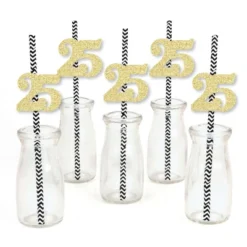 Big Dot Of Happiness Gold Glitter 25 Party Straws - No-Mess Real Gold Glitter Cut-Out Numbers & Decorative 25th Birthday Party Paper Straws - 24 Ct