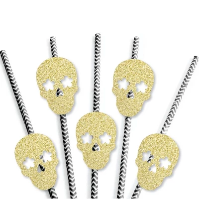Big Dot Of Happiness Gold Glitter Sugar Skull Party Straws - No-Mess Real Glitter Cut-Outs & Decorative Day Of The Dead Party Paper Straws - Set Of 24 2 Big Dot Of Happiness Gold Glitter Sugar Skull Party Straws - No-Mess Real Glitter Cut-Outs & Decorative Day Of The Dead Party Paper Straws - Set Of 24 - Image 2