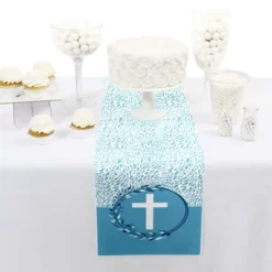 Big Dot Of Happiness Blue Elegant Cross - Petite Boy Religious Party Paper Table Runner - 12 X 60 Inches