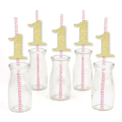 Big Dot Of Happiness Gold Glitter 1 Party Straws - No-Mess Real Gold Glitter Cut-Out Numbers & Decorative 1st Birthday Party Paper Straws - Set Of 24