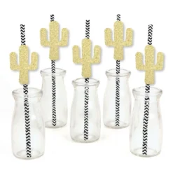 Big Dot Of Happiness Gold Glitter Cactus Party Straws - No-Mess Real Gold Glitter Cut-Outs & Decorative Christmas Cactus Party Paper Straws - 24 Ct