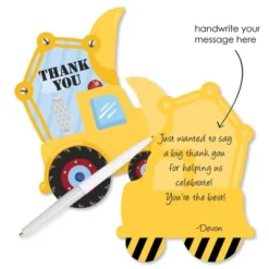Big Dot Of Happiness Construction Truck - Shaped Thank You Cards - Baby Shower Or Birthday Party Thank You Note Cards With Envelopes - Set Of 12