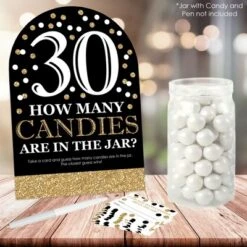 Big Dot Of Happiness Adult 30th Birthday - Gold - How Many Candies Birthday Party Game - 1 Stand And 40 Cards - Candy Guessing Game